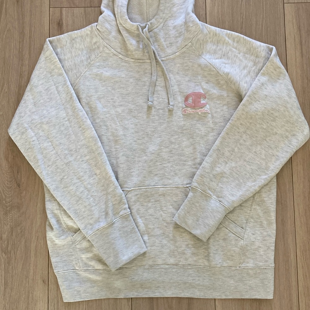 Champion Gray Hoodie with Pink Logo